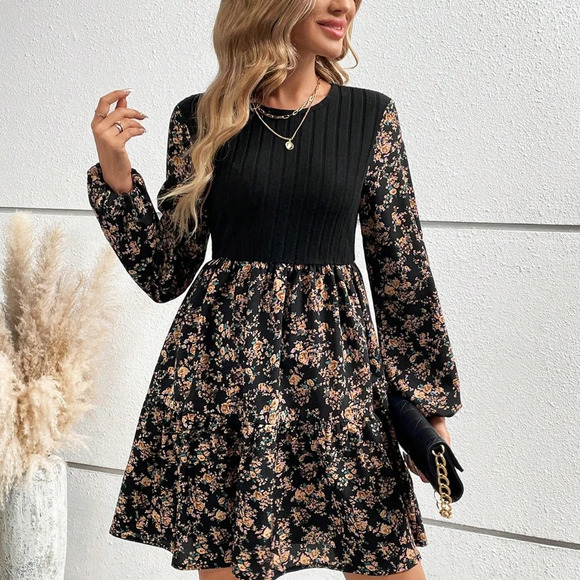Dresses & Skirts - Floral Print Lantern Sleeve Ruffle Hem Dress